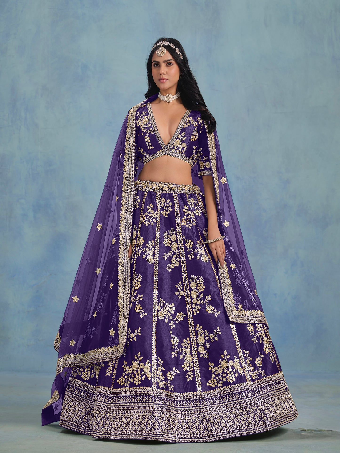 Lehenga Violet en soie artificielle et tulle COLLECTION SONAKSHI