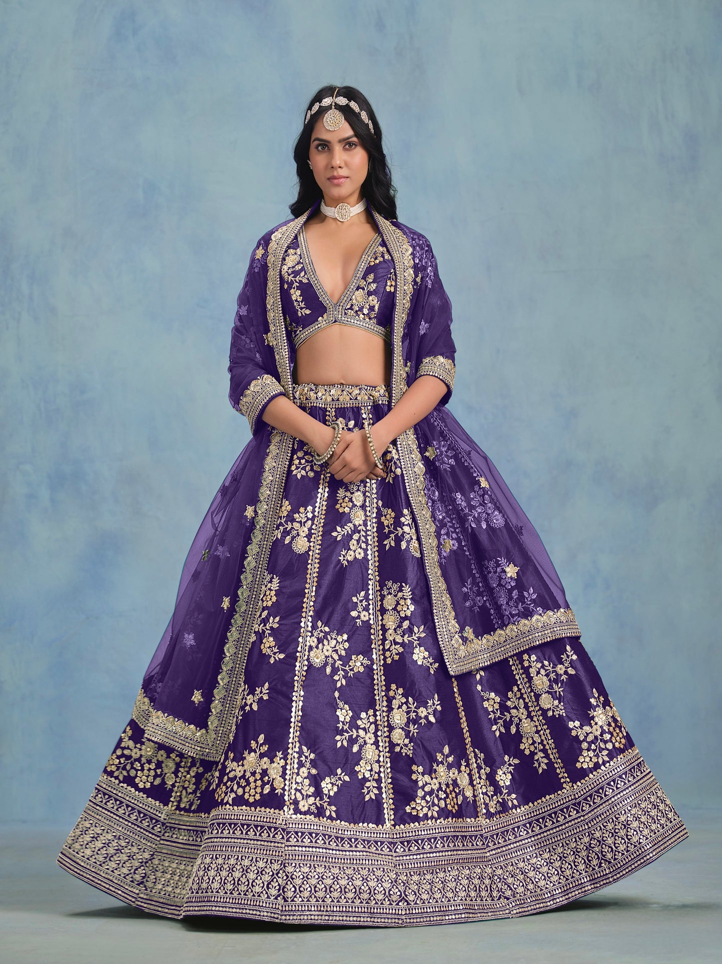 Lehenga Violet en soie artificielle et tulle COLLECTION SONAKSHI