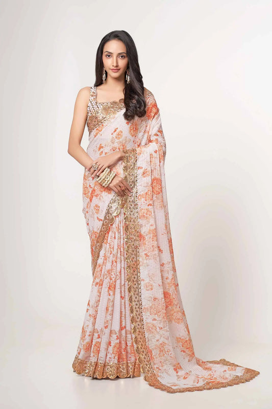 Sari Blanc en Organza avec Imprimé Floral et Détails Pailletés