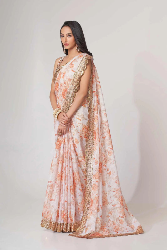 Sari Blanc en Organza avec Imprimé Floral et Détails Pailletés
