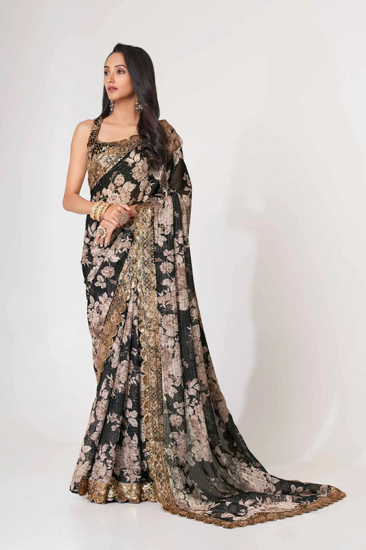 Sari en organza noir à imprimé floral avec travail de sequins