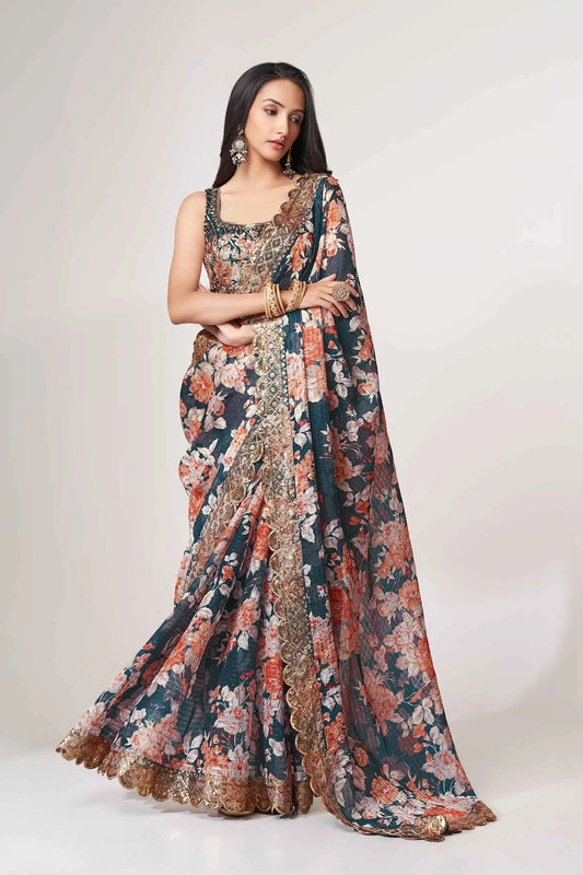 Sari en organza bleu canard à imprimé floral avec travail de sequins