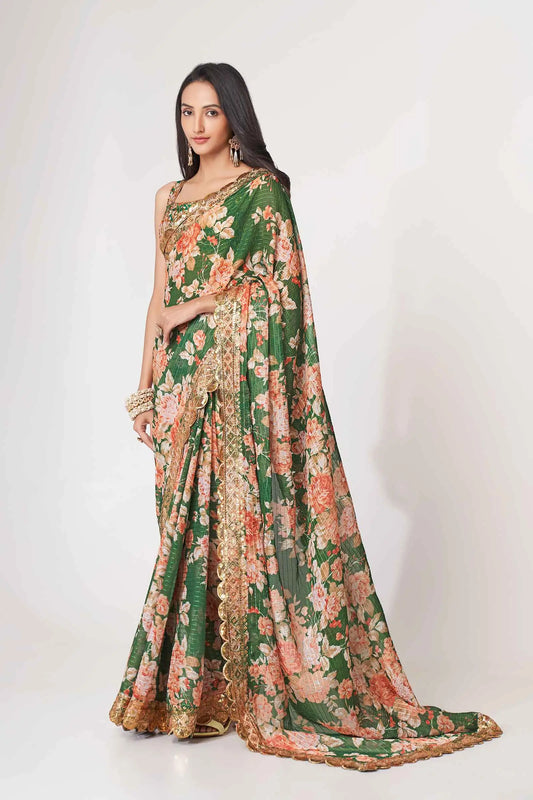 Sari en organza vert à imprimé floral avec travail de sequins