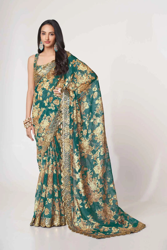 Sari en organza bleu lagon à imprimé floral avec travail de sequins