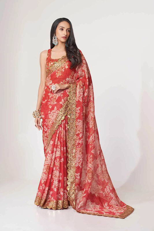Sari en organza rouge à imprimé floral avec travail de sequins