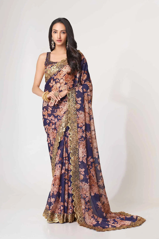 Sari en organza violet à imprimé floral avec travail de sequins