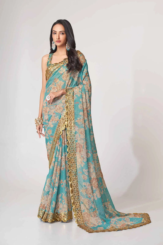 Sari en organza bleu ciel à imprimé floral avec travail de sequins
