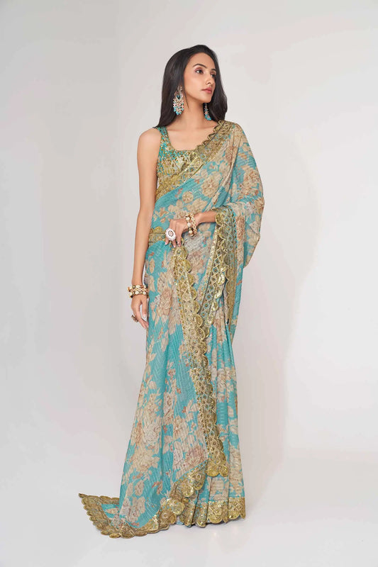 Sari en organza bleu ciel à imprimé floral avec travail de sequins