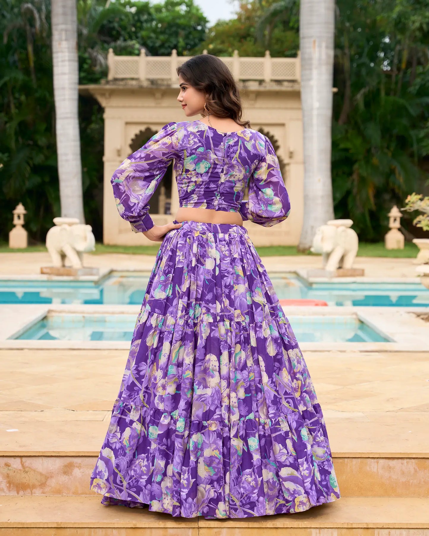 Lila Georgette Indo-Western Floral Lehenga Choli Set