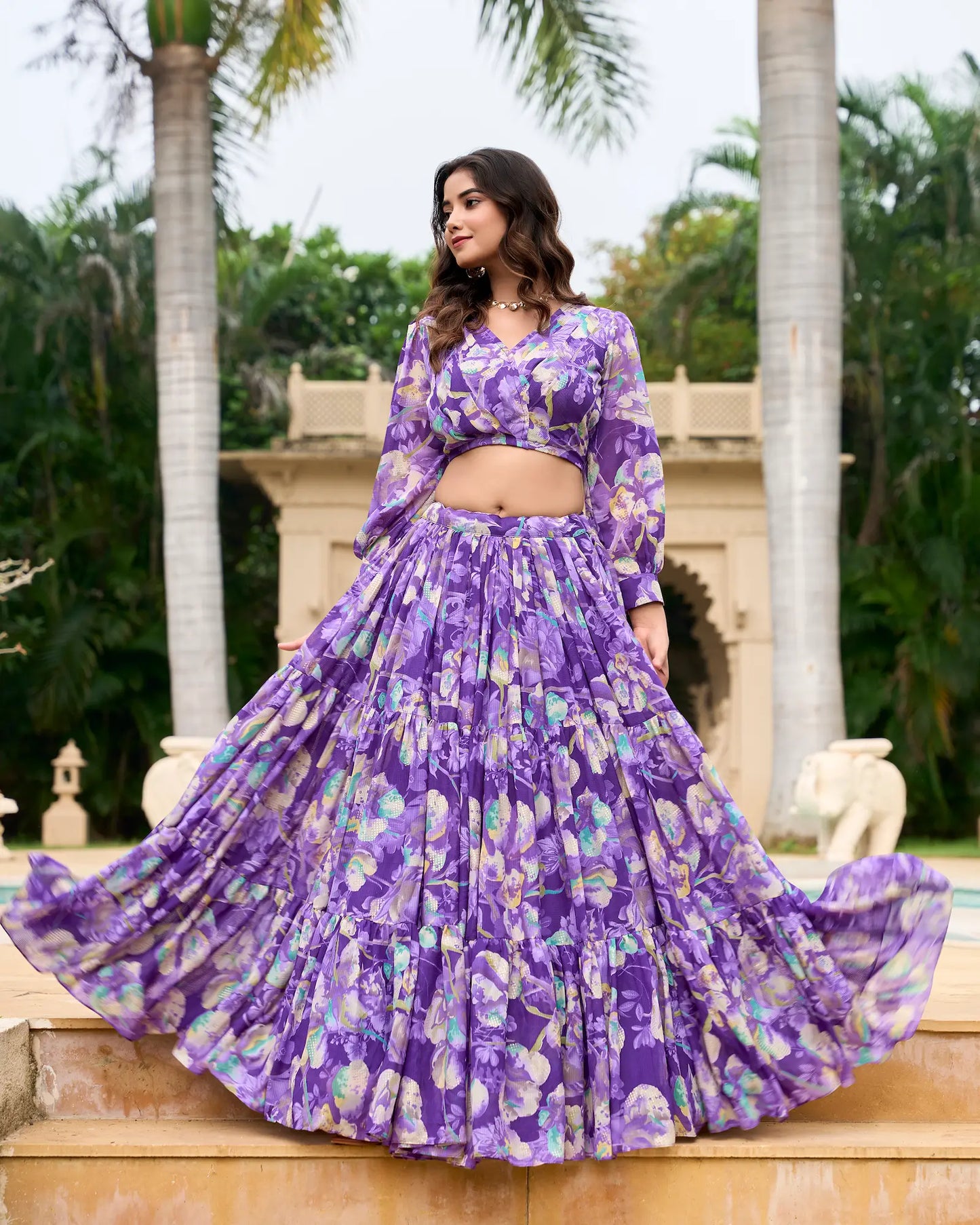 Lila Georgette Indo-Western Floral Lehenga Choli Set