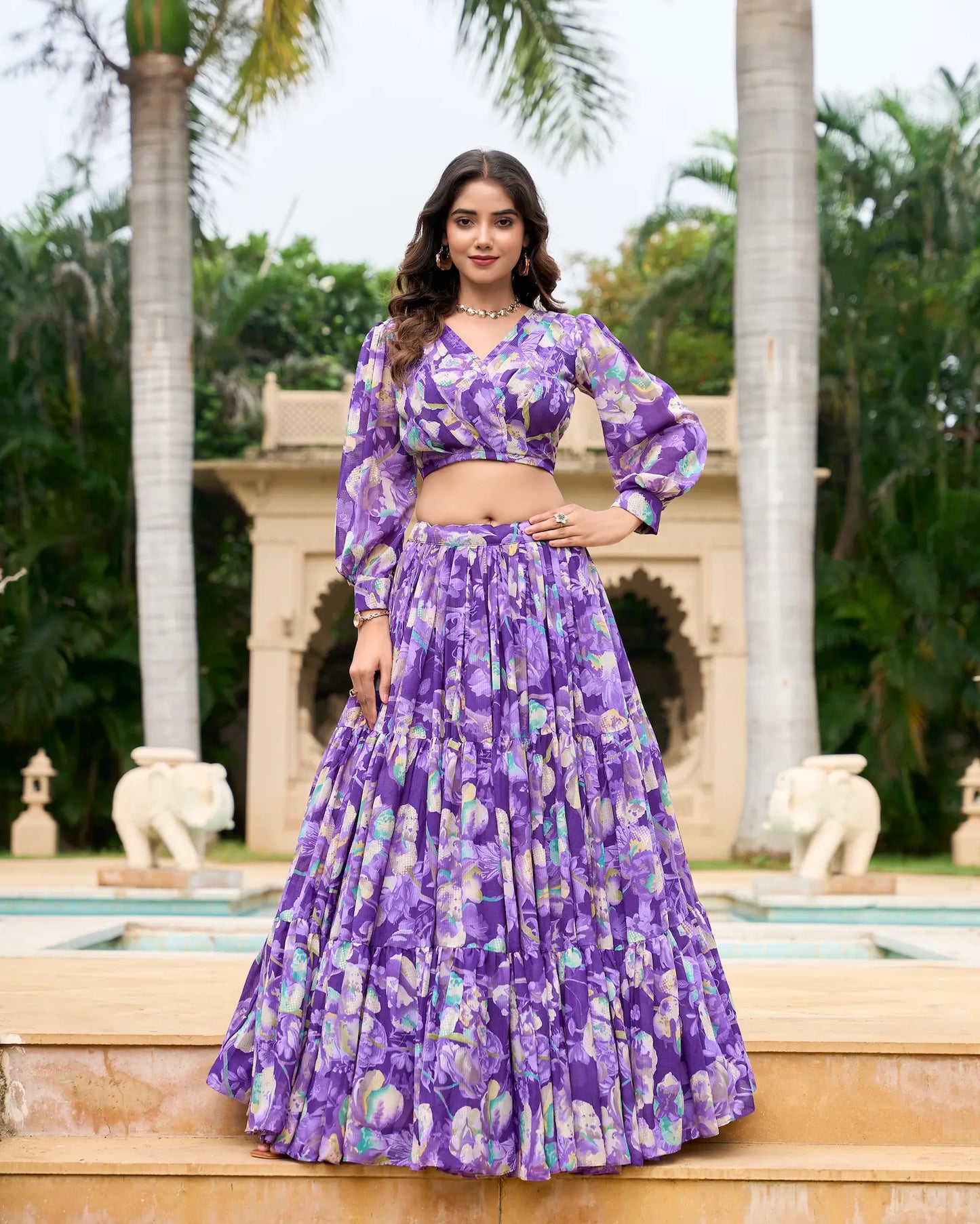 Lila Georgette Indo-Western Floral Lehenga Choli Set