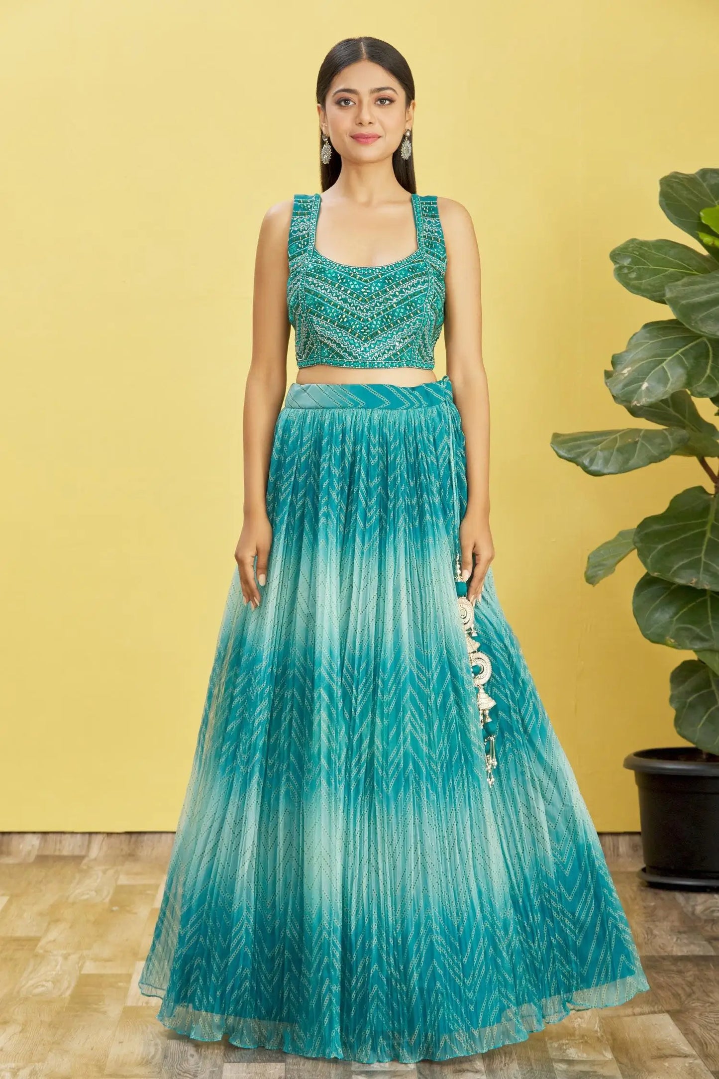 Ocean blue lehenga with digital print and sequin embroidery, adorned with real mirrors. RHEA COLLECTION.