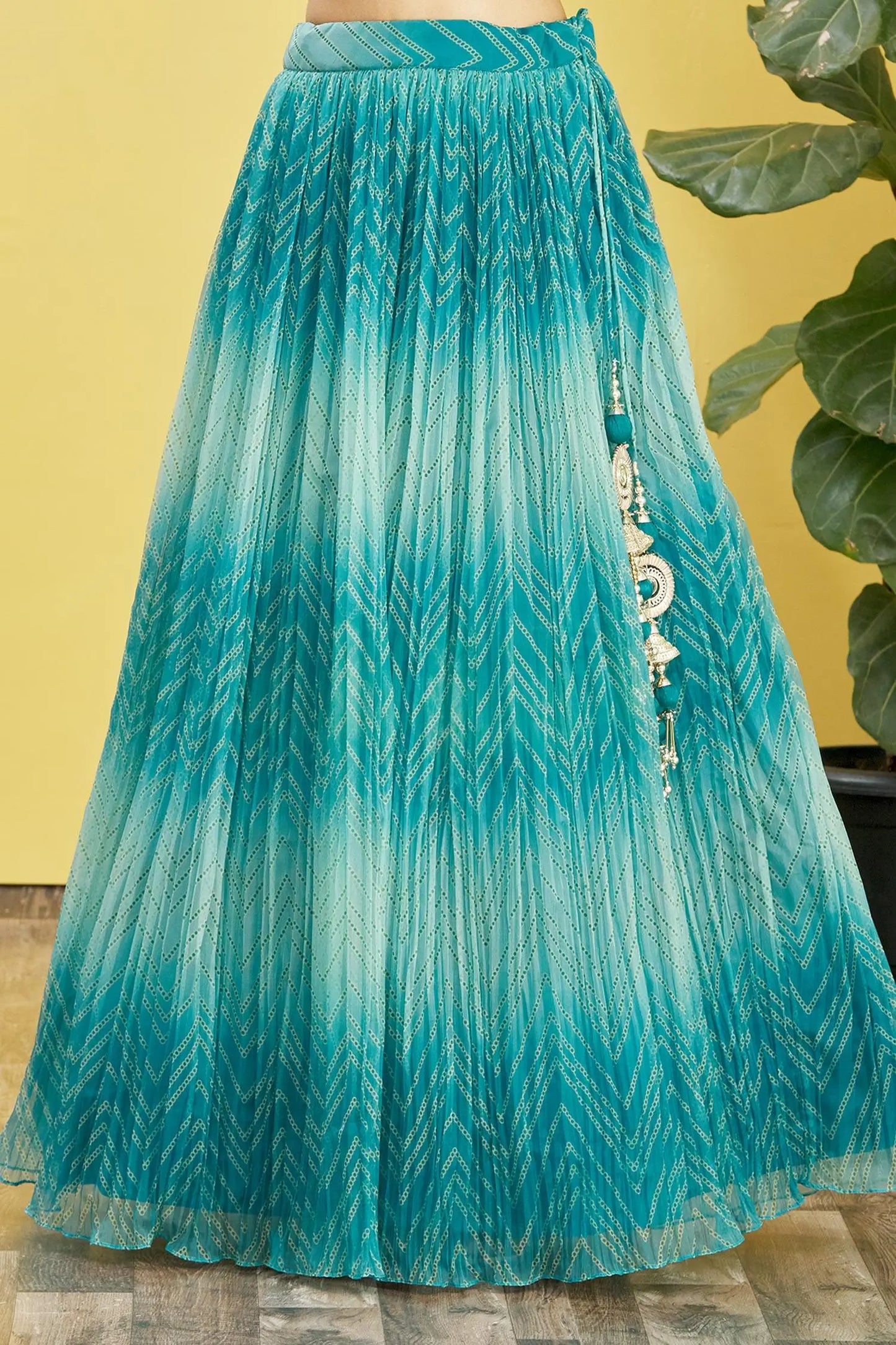 Ocean blue lehenga with digital print and sequin embroidery, adorned with real mirrors. RHEA COLLECTION.