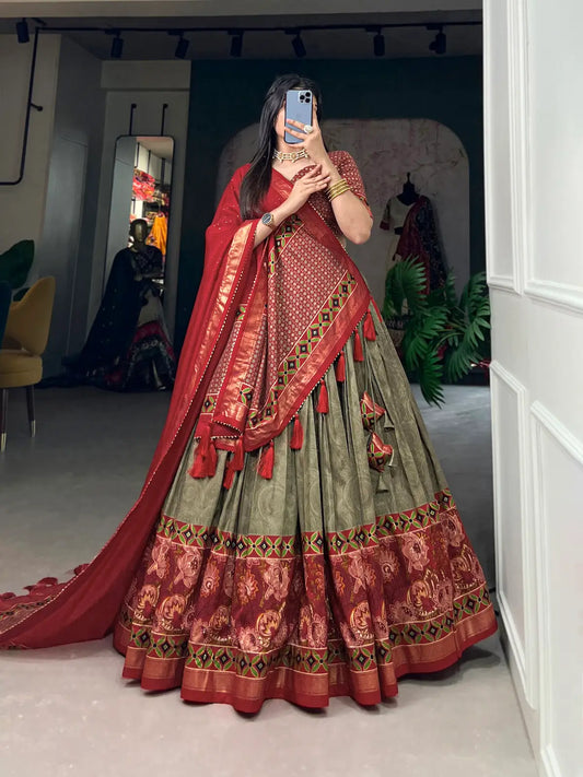 Olive Green Tussar Silk Lehenga Choli with Floral Print