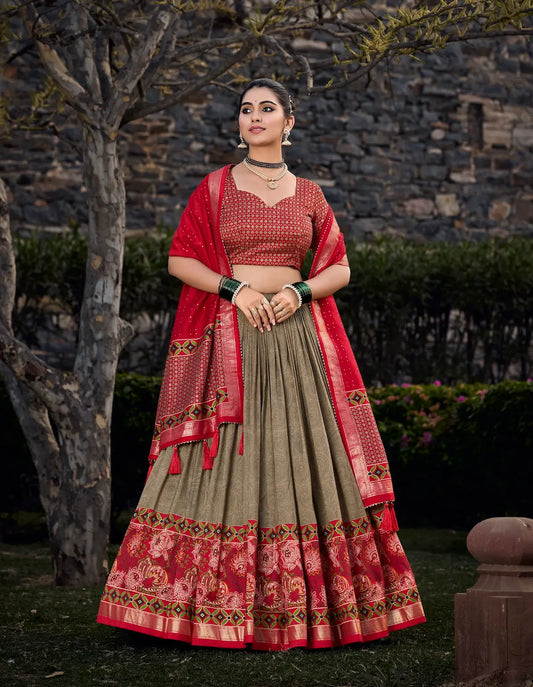 Olive Green Tussar Silk Lehenga Choli with Floral Print