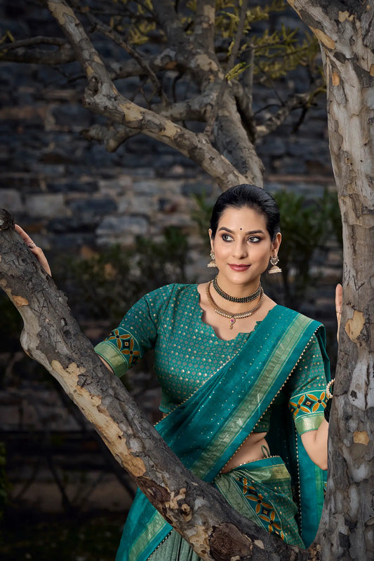 Sea Green Tussar Silk Lehenga Choli with Floral Print