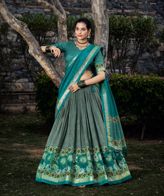 Sea Green Tussar Silk Lehenga Choli with Floral Print