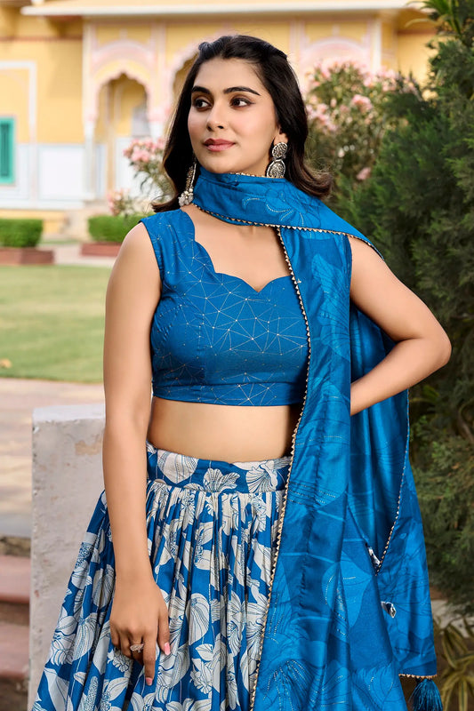 Royal Blue Tussar Silk Lehenga Choli with Floral Print