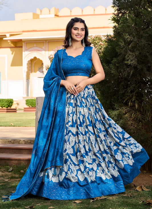 Royal Blue Tussar Silk Lehenga Choli with Floral Print