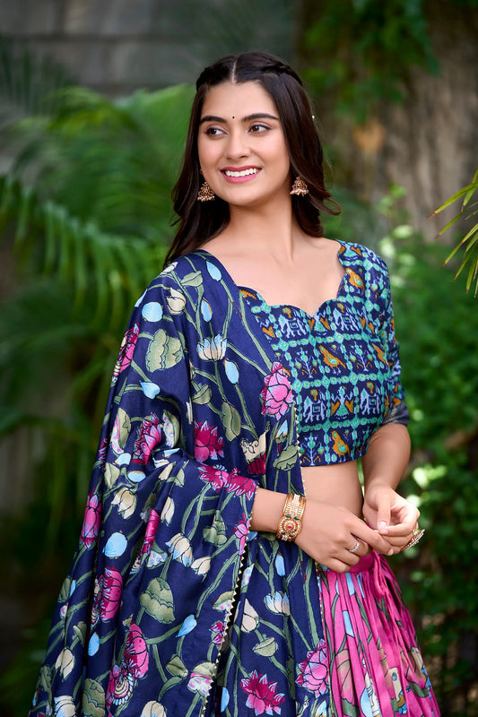Pink and Blue Tussar Silk Printed Lehenga Choli Kalamkari Print