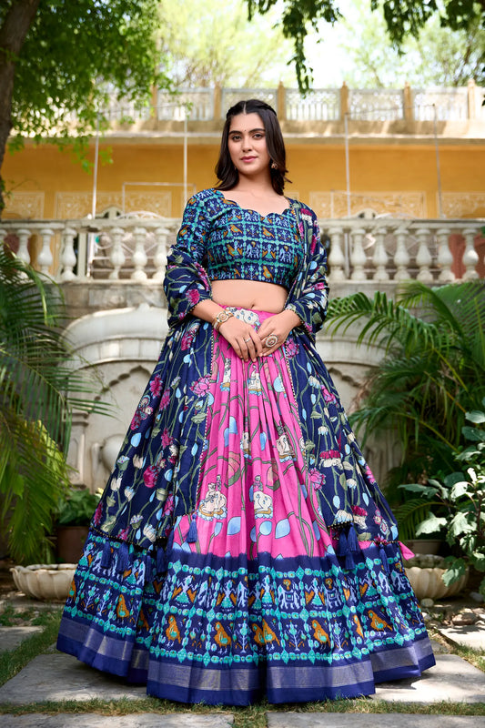 Pink and Blue Tussar Silk Printed Lehenga Choli Kalamkari Print