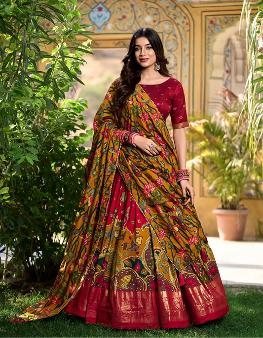 Red Tussar Silk Lehenga Choli with Kalamkari Prints