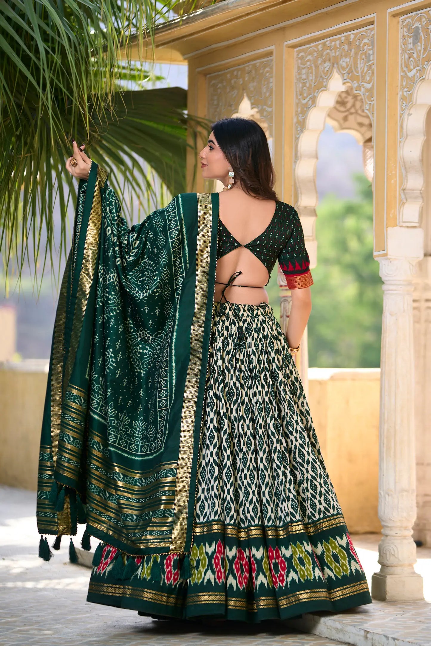 Green Tussar Silk Lehenga Choli with Ikkat Print and Foil Work