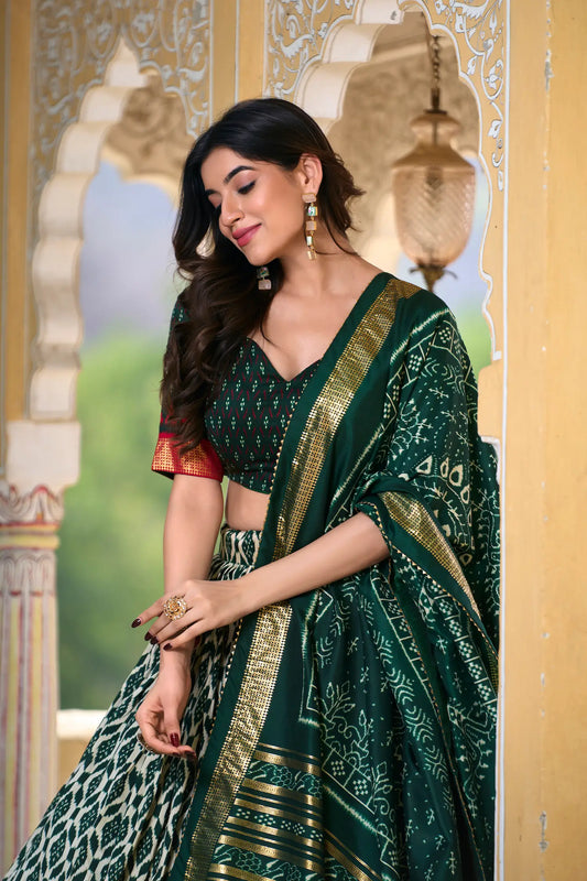 Green Tussar Silk Lehenga Choli with Ikkat Print and Foil Work