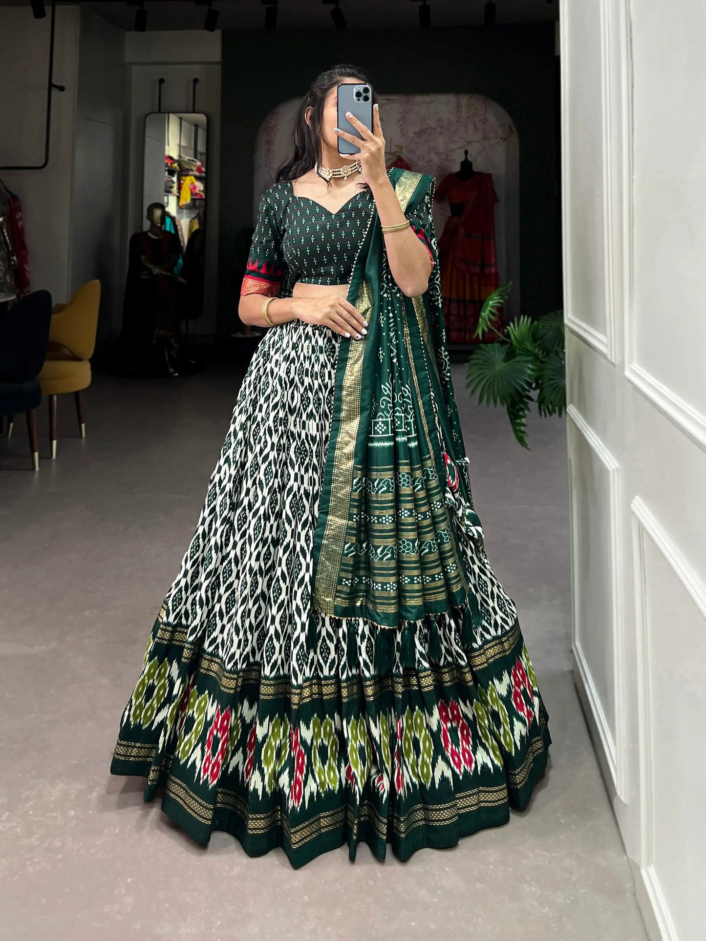 Green Tussar Silk Lehenga Choli with Ikkat Print and Foil Work