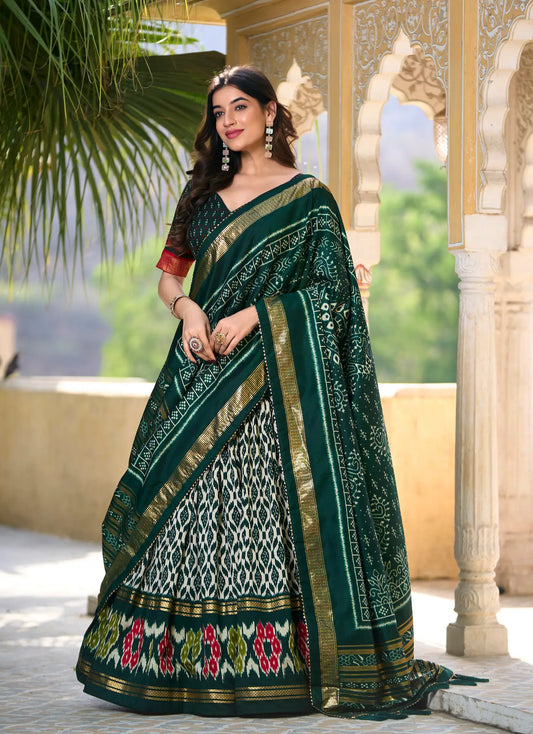 Green Tussar Silk Lehenga Choli with Ikkat Print and Foil Work