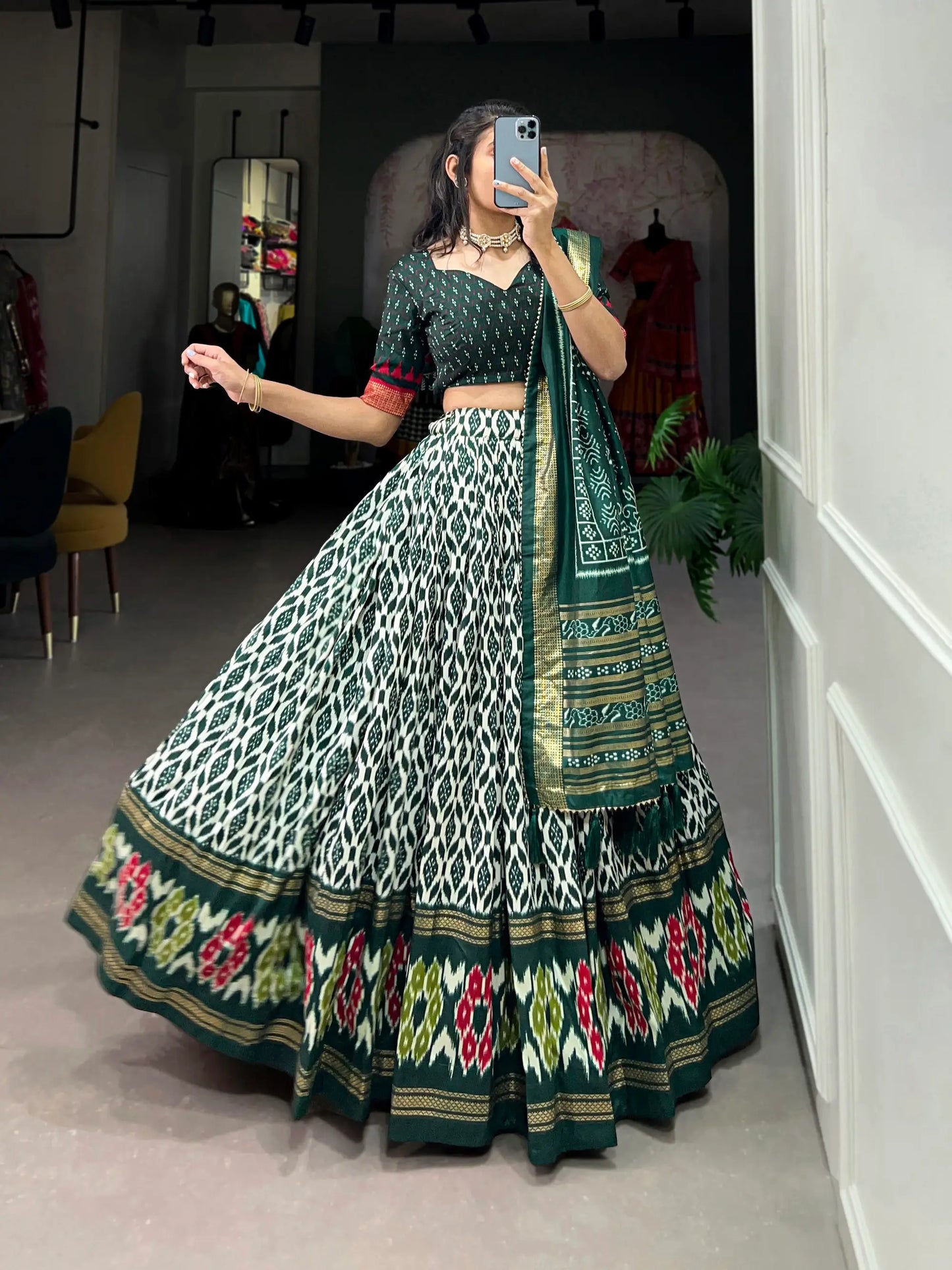 Green Tussar Silk Lehenga Choli with Ikkat Print and Foil Work
