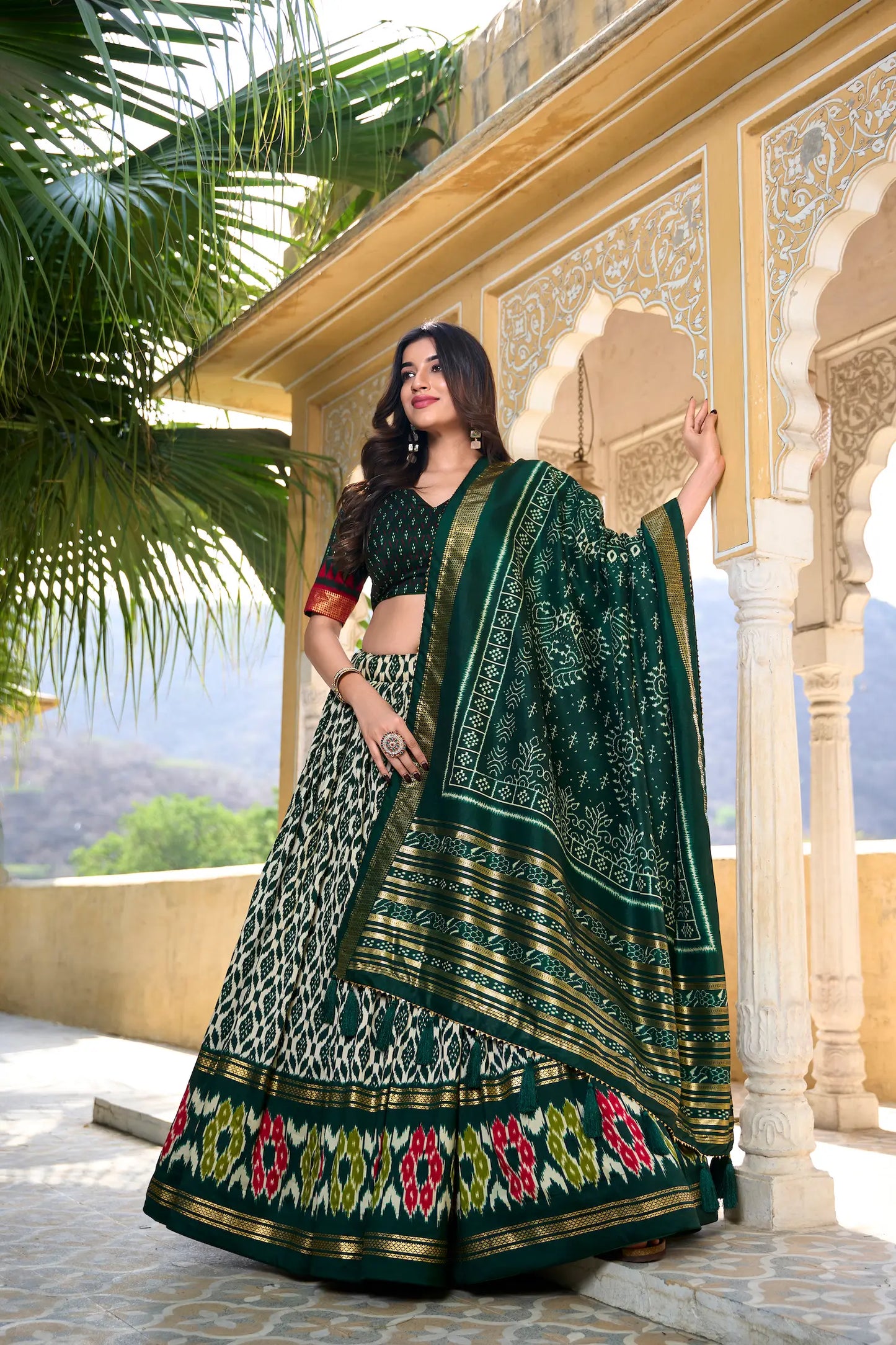 Green Tussar Silk Lehenga Choli with Ikkat Print and Foil Work