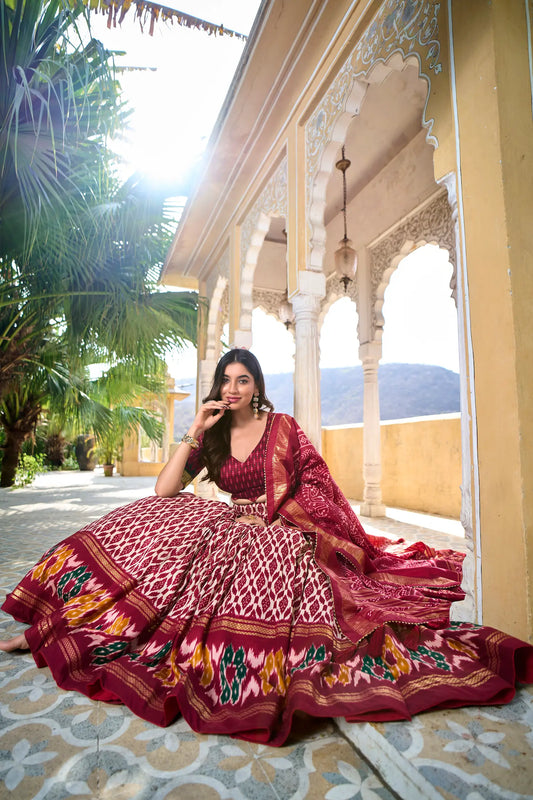 Burgundy Tussar Silk Lehenga Choli with Ikkat Print and Foil Work