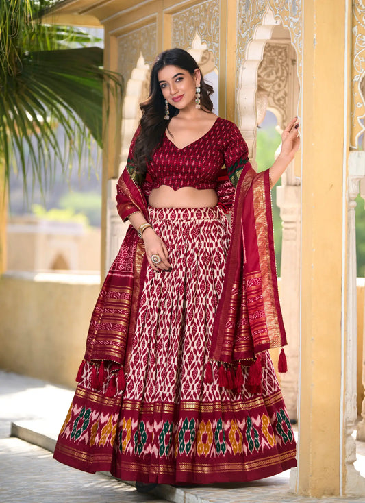 Burgundy Tussar Silk Lehenga Choli with Ikkat Print and Foil Work