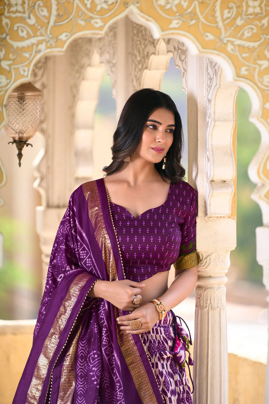 Purple Tussar Silk Lehenga Choli with Ikkat Print and Foil Work