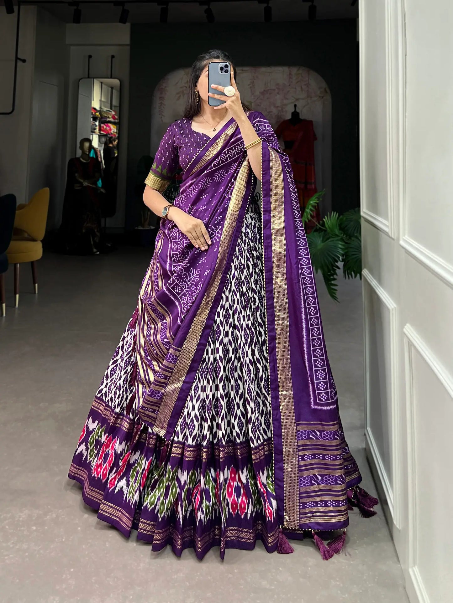 Purple Tussar Silk Lehenga Choli with Ikkat Print and Foil Work