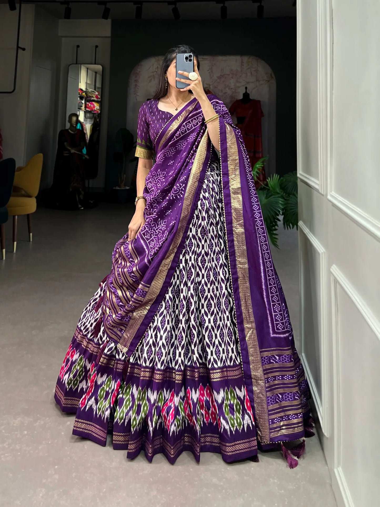Purple Tussar Silk Lehenga Choli with Ikkat Print and Foil Work