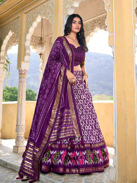 Purple Tussar Silk Lehenga Choli with Ikkat Print and Foil Work