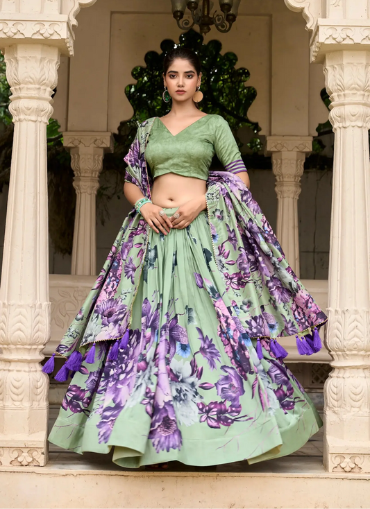 Wassergrüner Tussar-Seiden-Lehenga-Choli mit Blumendruck
