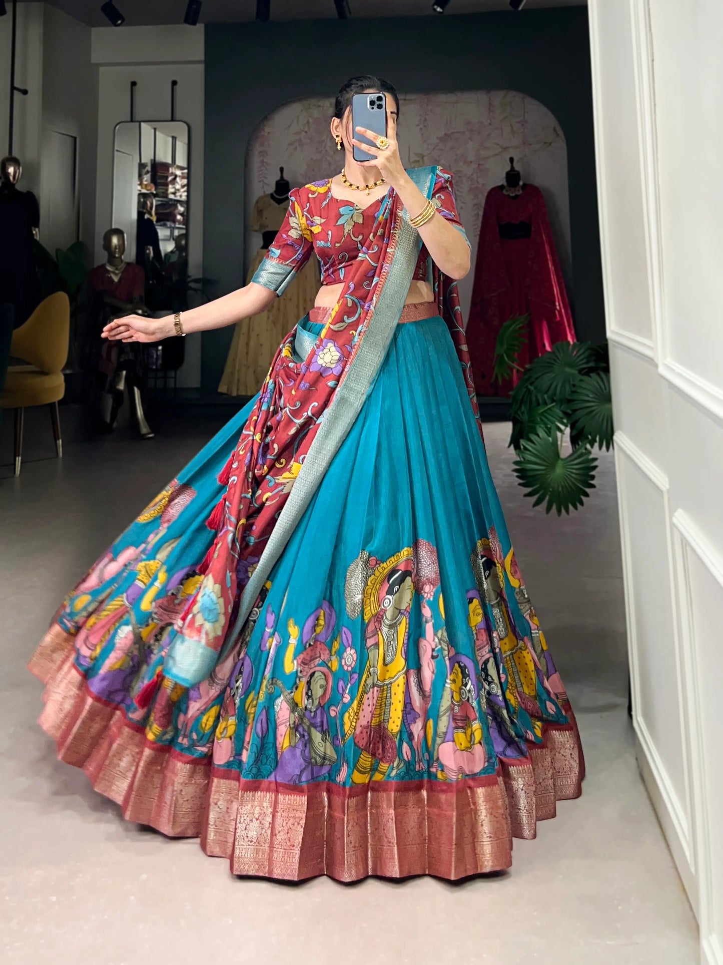 Blaugrüner Dola-Seiden-Lehenga-Choli mit Kalamkari-Druck