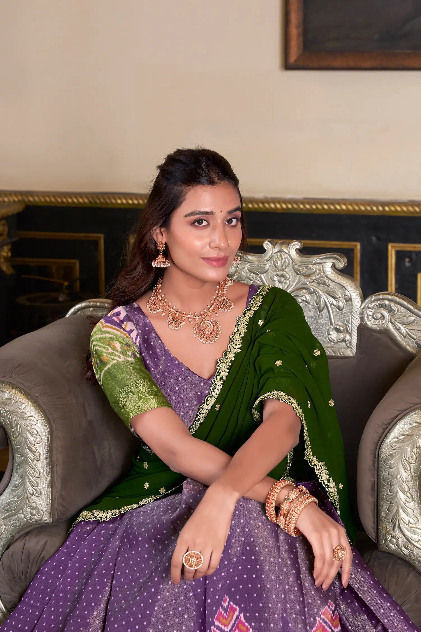 Lilafarbenes Kanchipuram-Lehenga-Choli-Set aus Seide mit Digitaldruck und Stickerei