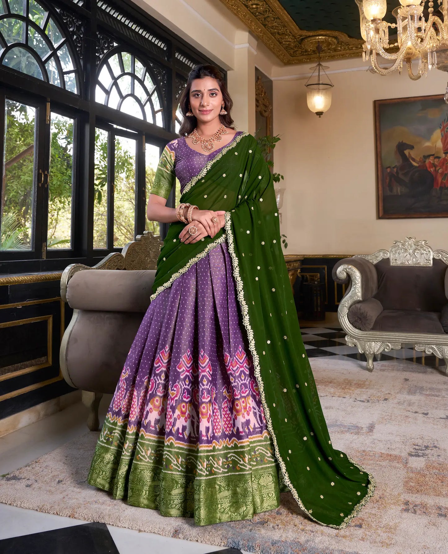 Lilafarbenes Kanchipuram-Lehenga-Choli-Set aus Seide mit Digitaldruck und Stickerei