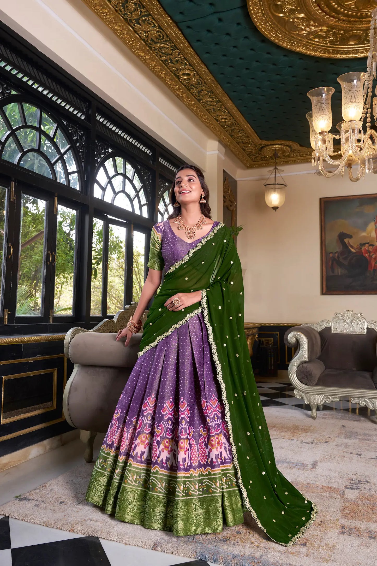 Lilafarbenes Kanchipuram-Lehenga-Choli-Set aus Seide mit Digitaldruck und Stickerei