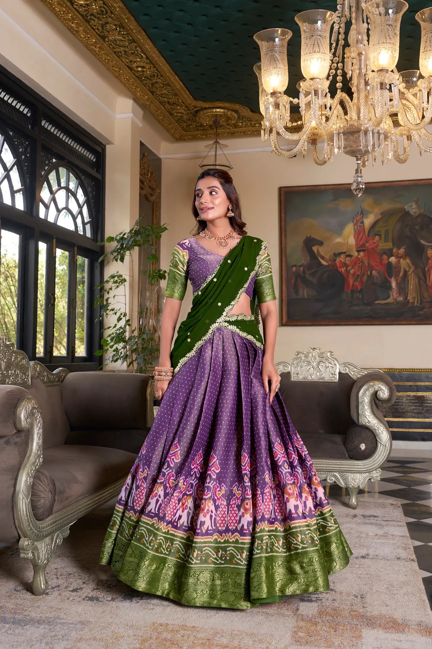 Lilafarbenes Kanchipuram-Lehenga-Choli-Set aus Seide mit Digitaldruck und Stickerei
