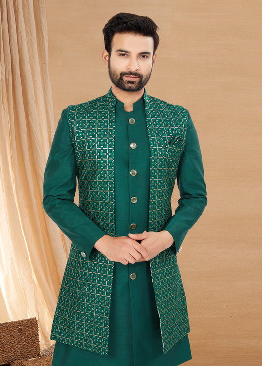 Ensemble Kurta vert forêt avec veste sans manches en soie et viscose pure
