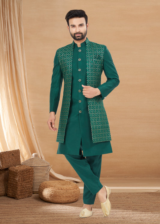 Ensemble Kurta vert forêt avec veste sans manches en soie et viscose pure