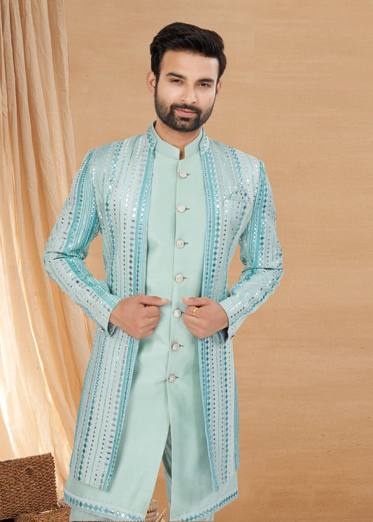 Ensemble Kurta bleu ciel avec veste scintillante en soie et viscose pure