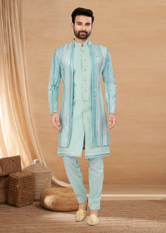 Ensemble Kurta bleu ciel avec veste scintillante en soie et viscose pure