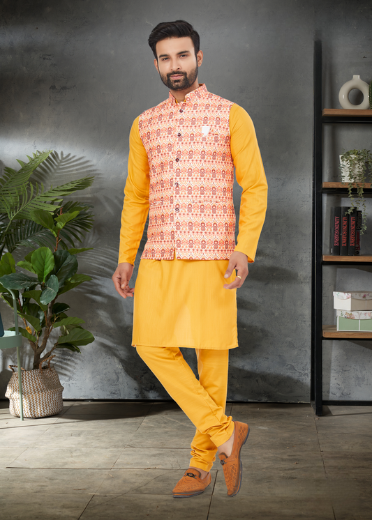 Ensemble Kurta jaune moutarde coton épais avec veste Koti rose multicolore soie imprimé digitale