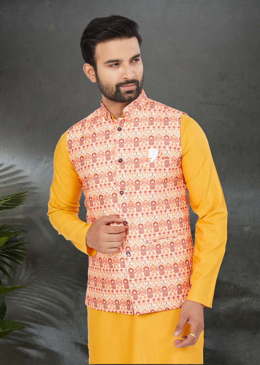 Ensemble Kurta jaune moutarde coton épais avec veste Koti rose multicolore soie imprimé digitale